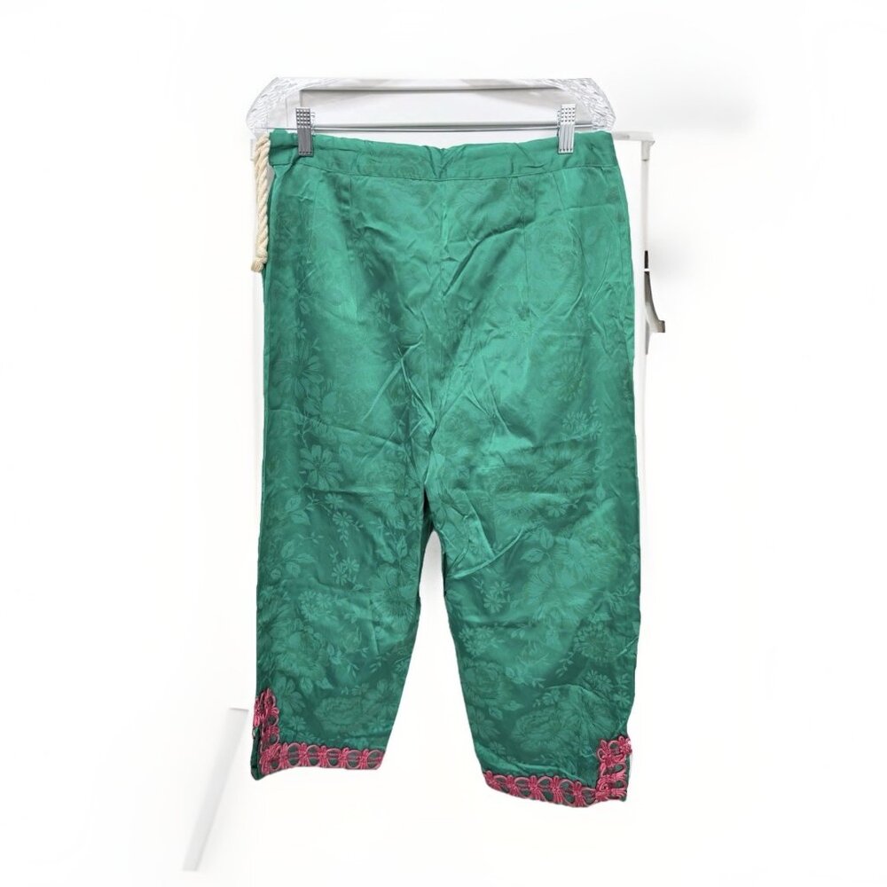 Green And Pink Floral Embroidered Embellished Oriential Pants Waist 31